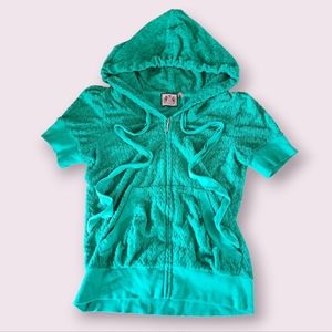 Juicy Couture Green Heart Textured Terry Puff Short Sleeve Hoodie Jacket Zip Up